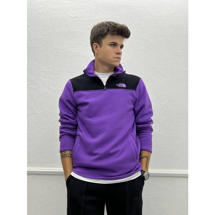 Yakası Fermuarlı İç Kısmı Şardonlu Owersize Sweatshirt -Mor