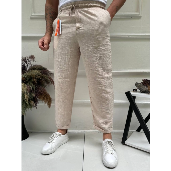 Erkek Beli Lastikli Keten Joger Pantolon - Bej