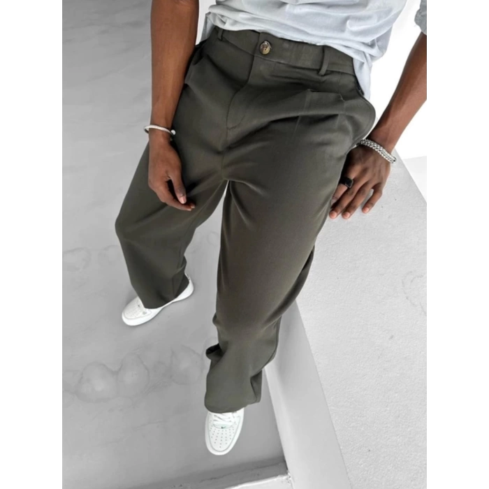 Erkek Beli Lastikli Likralı Kumaş Bagy Pantolon-Haki