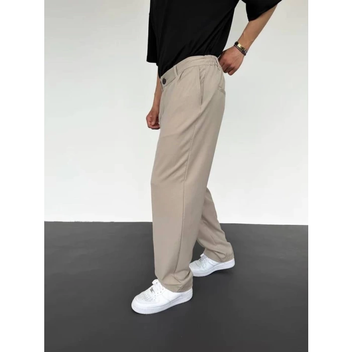 Erkek Beli Lastikli Likralı Kumaş Bagy Pantolon-Krem