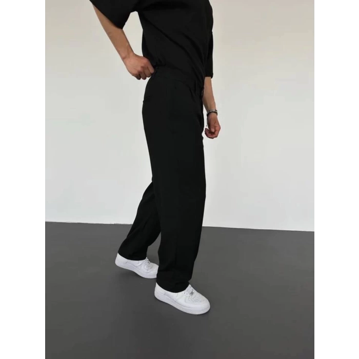 Erkek Beli Lastikli Likralı Kumaş Bagy Pantolon-Siyah