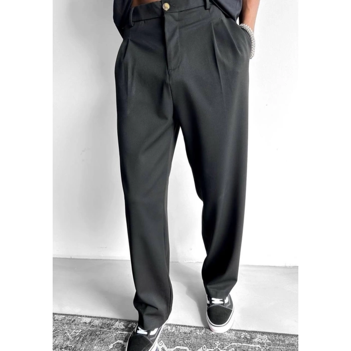Erkek Beli Lastikli Pileli Boru Paça Likralı Keten Pantolon-Siyah