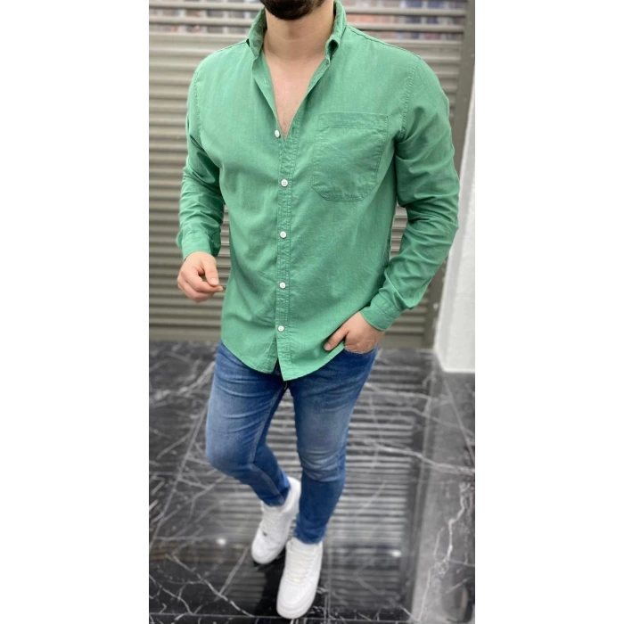 Erkek Cepli Owersize Keten Gömlek- Su Yeşili