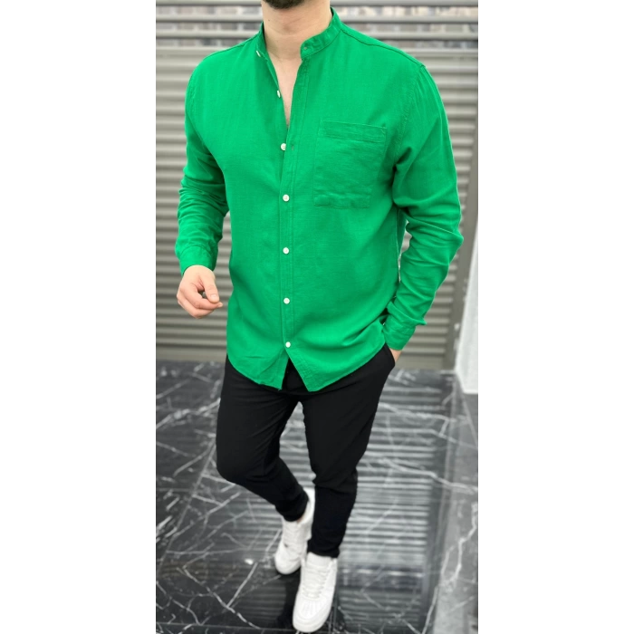 Erkek Cepli Owersize Keten Gömlek- Yeşil