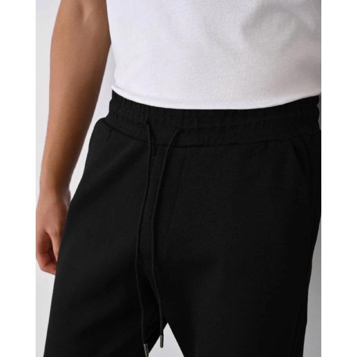 Erkek Dar Kesim Beli Lastikli Duble Paça Jogger Pantolon-Siyah