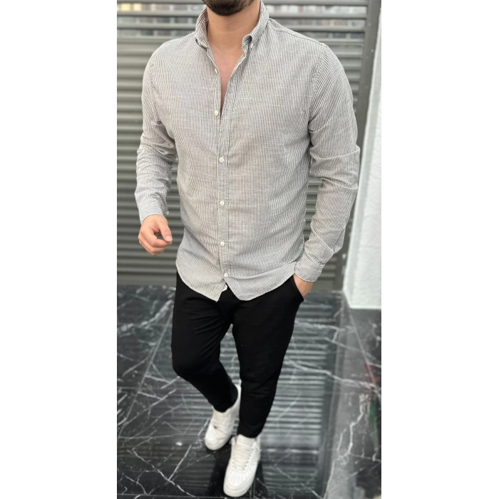 Erkek Dar Kesim Çizgili Keten Gömlek-Siyah