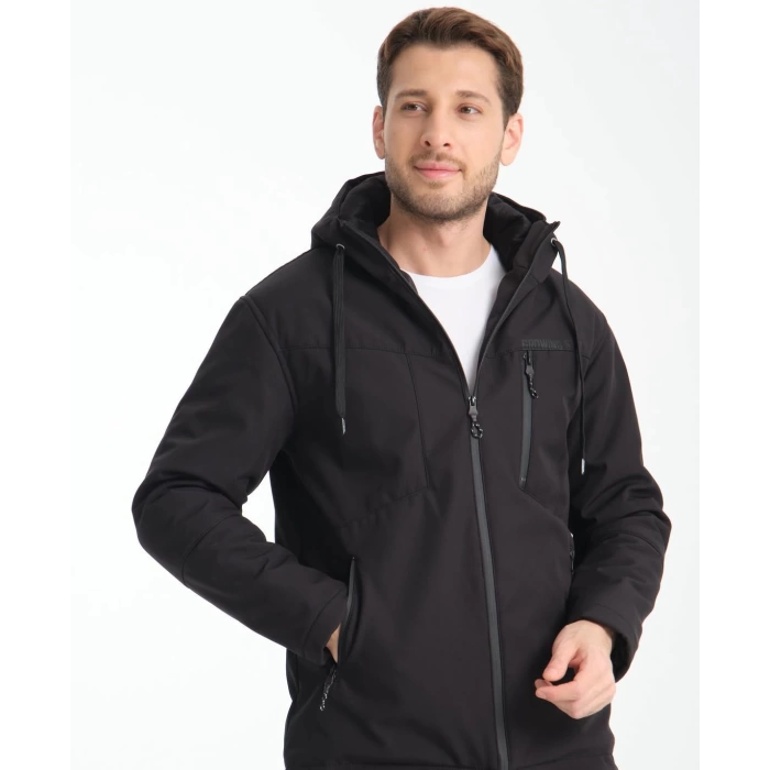 Erkek Dar Kesim İçi Kürklü Outdoor Fermuarlı Parka-Siyah