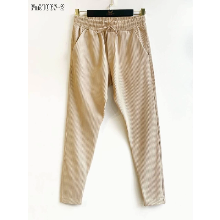 Erkek Dar Kesim İnce Fitilli Beli Lastikli Paçası fermuarlı Jogger Pantolon-Krem