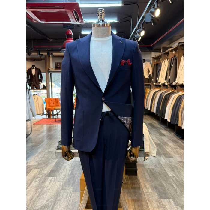 Erkek Dar Kesim Krınkıl Kumaş Spor Takım Elbise -Lacivert
