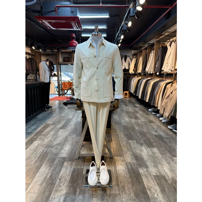 Erkek Dar Kesim Likralı Spor Takım Elbise-Krem