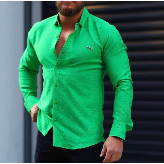 Erkek Dar Kesim Marka Keten Gömlek-Yeşil