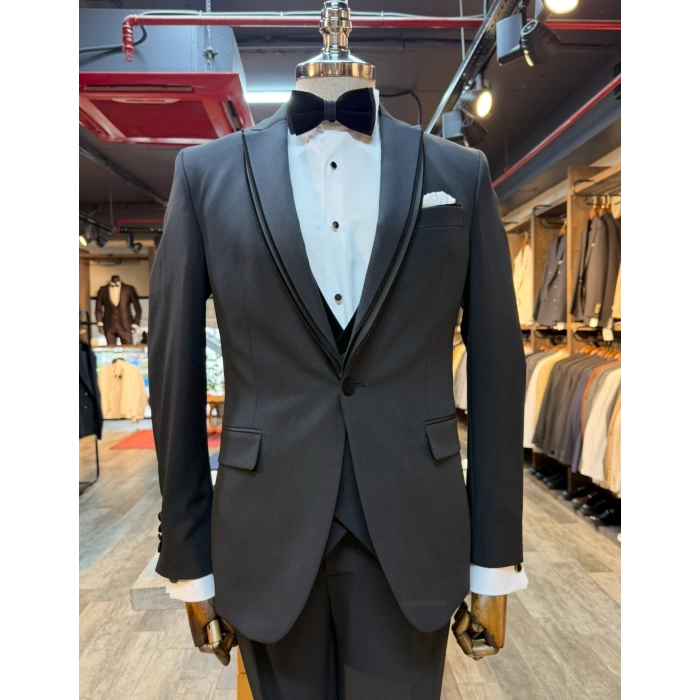 Erkek Dar Kesim Slimfit Kırlangıç Yaka Damatlık Takım Elbise-Siyah