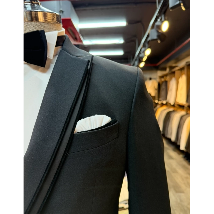 Erkek Dar Kesim Slimfit Kırlangıç Yaka Damatlık Takım Elbise-Siyah