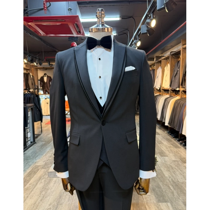 Erkek Dar Kesim Slimfit Kırlangıç Yaka Damatlık Takım Elbise-Siyah