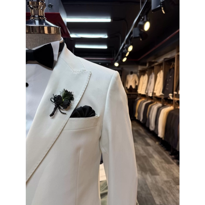 Erkek Dar Kesim Slimfit Kruvaze Damatlık Takım Elbise-Beyaz-Beyaz