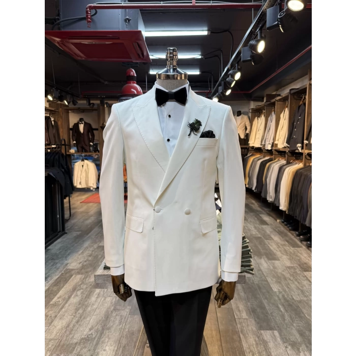 Erkek Dar Kesim Slimfit Kruvaze Damatlık Takım Elbise-Beyaz-Beyaz