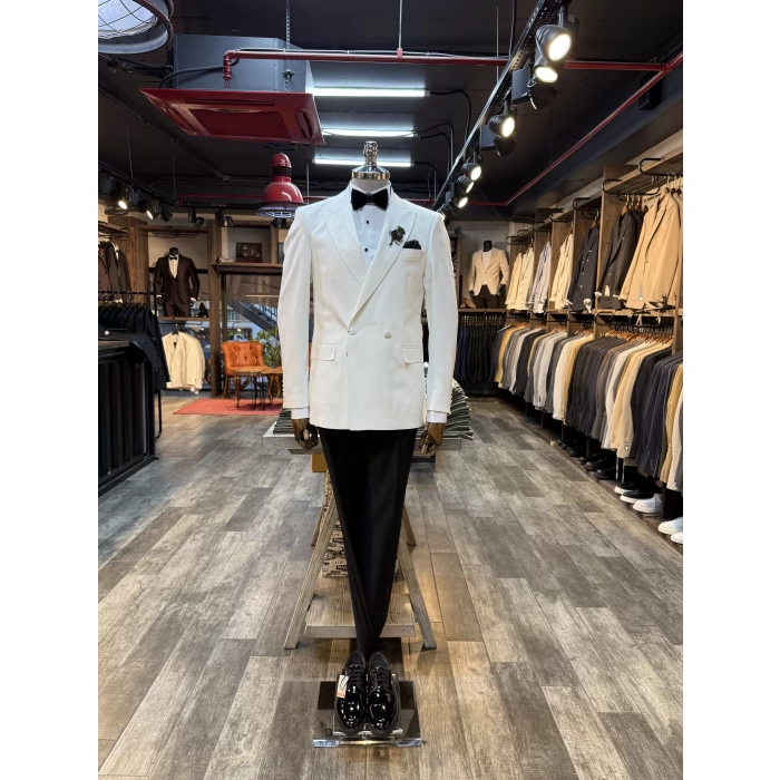 Erkek Dar Kesim Slimfit Kruvaze Damatlık Takım Elbise-Beyaz-Beyaz