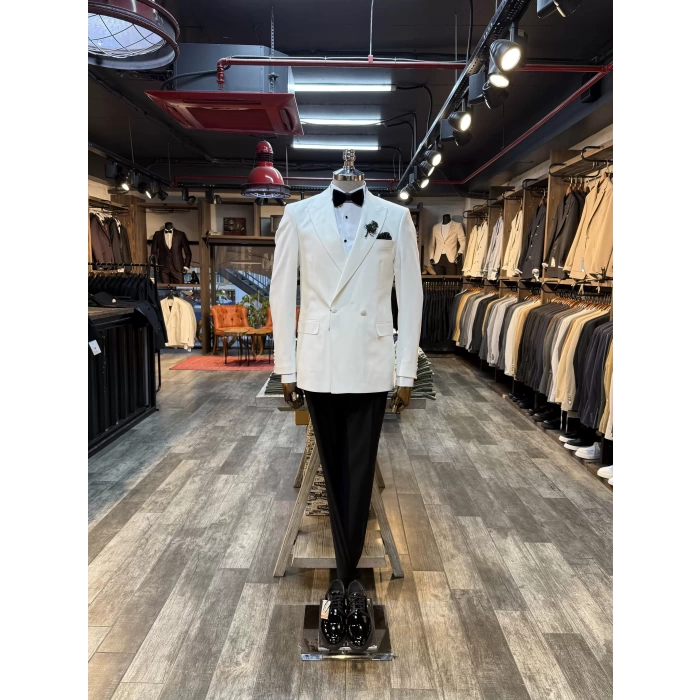 Erkek Dar Kesim Slimfit Kruvaze Damatlık Takım Elbise-Beyaz-Beyaz