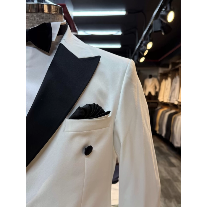 Erkek Dar Kesim Slimfit Kruvaze Damatlık Takım Elbise-Beyaz-Siyah