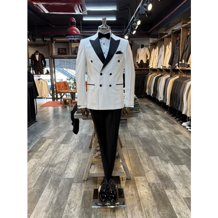 Erkek Dar Kesim Slimfit Kruvaze Damatlık Takım Elbise-Beyaz-Siyah