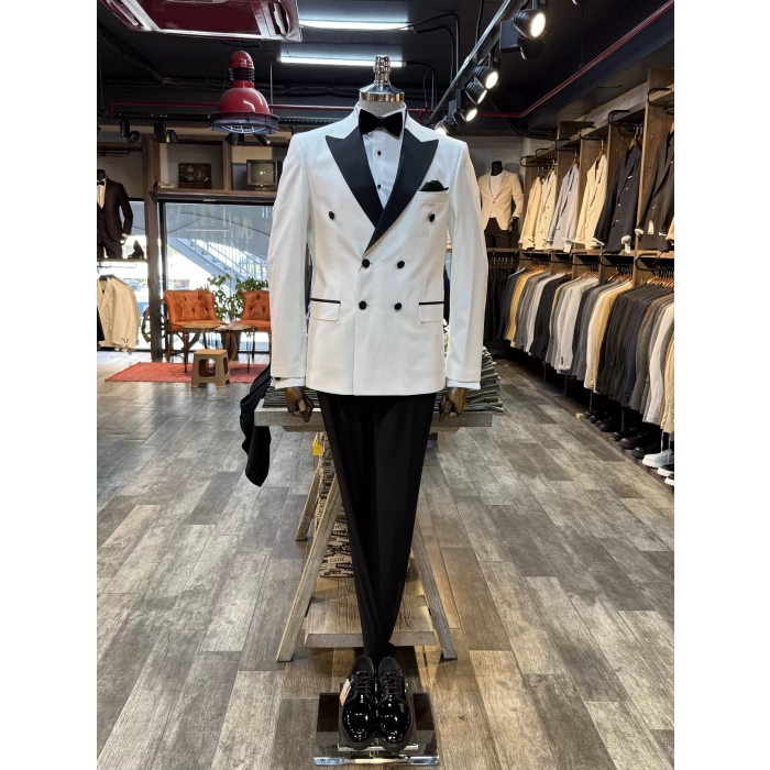Erkek Dar Kesim Slimfit Kruvaze Damatlık Takım Elbise-Beyaz-Siyah