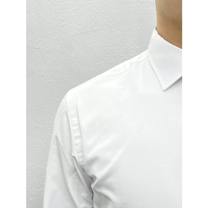 Erkek Dar Kesim Slimfit Likralı Gömlek - Beyaz