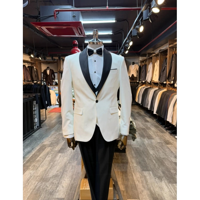 Erkek Dar Kesim Slimfit Şal Yaka Damatlık Takım Elbise-Beyaz