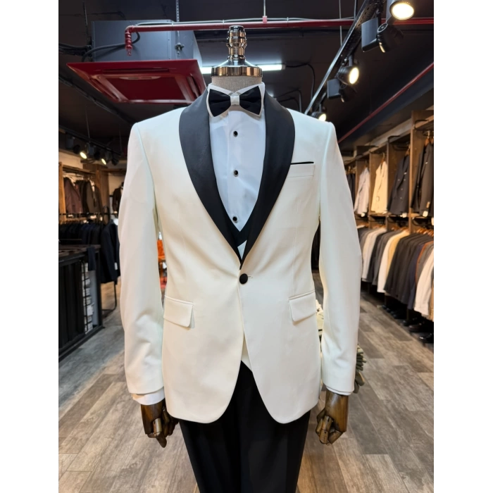 Erkek Dar Kesim Slimfit Şal Yaka Damatlık Takım Elbise-Beyaz