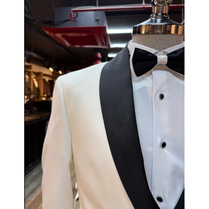 Erkek Dar Kesim Slimfit Şal Yaka Damatlık Takım Elbise-Beyaz