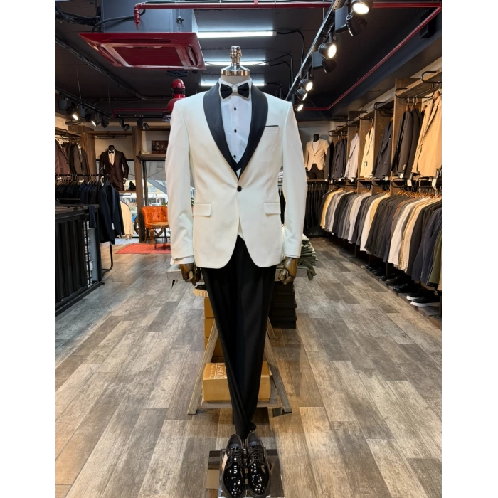 Erkek Dar Kesim Slimfit Şal Yaka Damatlık Takım Elbise-Beyaz