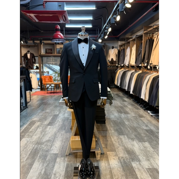 Erkek Dar Kesim Slimfit Şal Yaka Damatlık Takım Elbise-Siyah