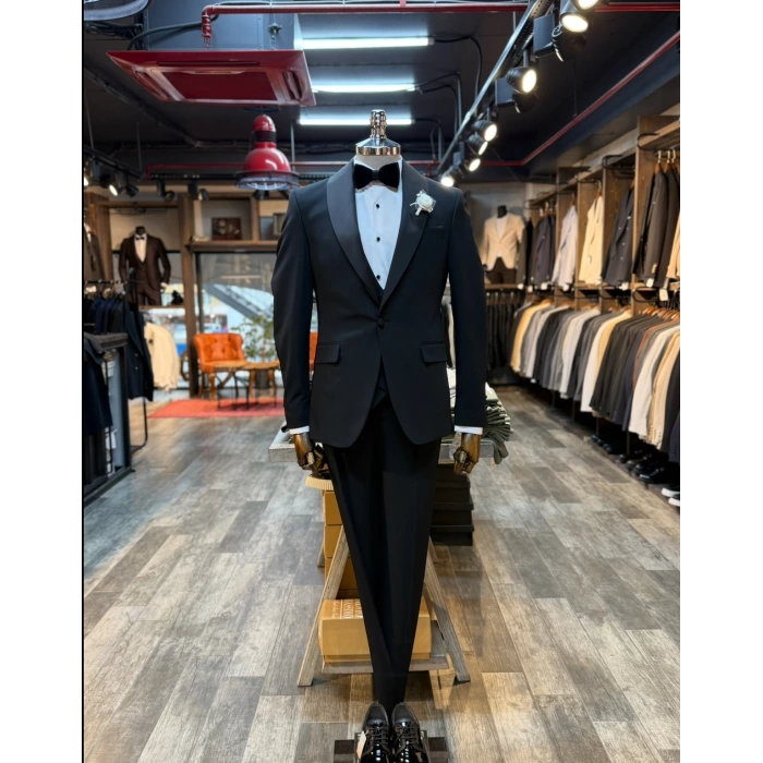Erkek Dar Kesim Slimfit Şal Yaka Damatlık Takım Elbise-Siyah