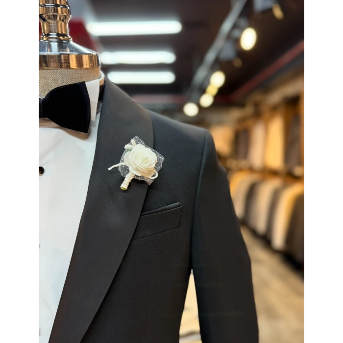 Erkek Dar Kesim Slimfit Şal Yaka Damatlık Takım Elbise-Siyah