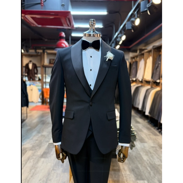 Erkek Dar Kesim Slimfit Şal Yaka Damatlık Takım Elbise-Siyah