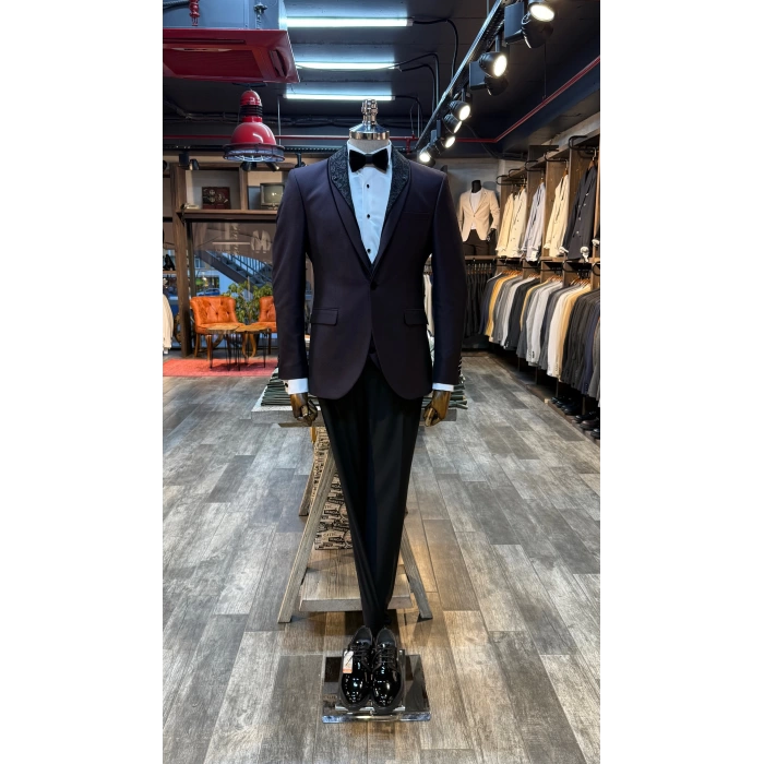 Erkek Dar Kesim Slimfit Yelekli Yakası Çıkabilen Damatlık Takım Elbise-Bordo