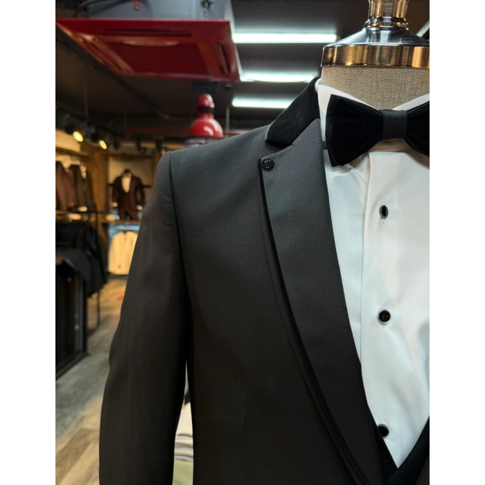Erkek Dar Kesim Slimfit Yelekli Yakası Çıkabilen Damatlık Takım Elbise-Siyah