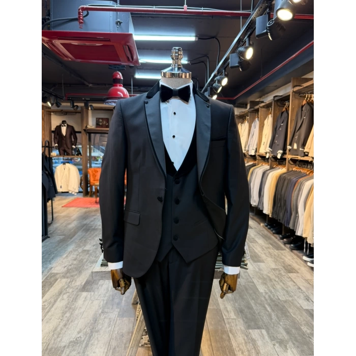 Erkek Dar Kesim Slimfit Yelekli Yakası Çıkabilen Damatlık Takım Elbise-Siyah