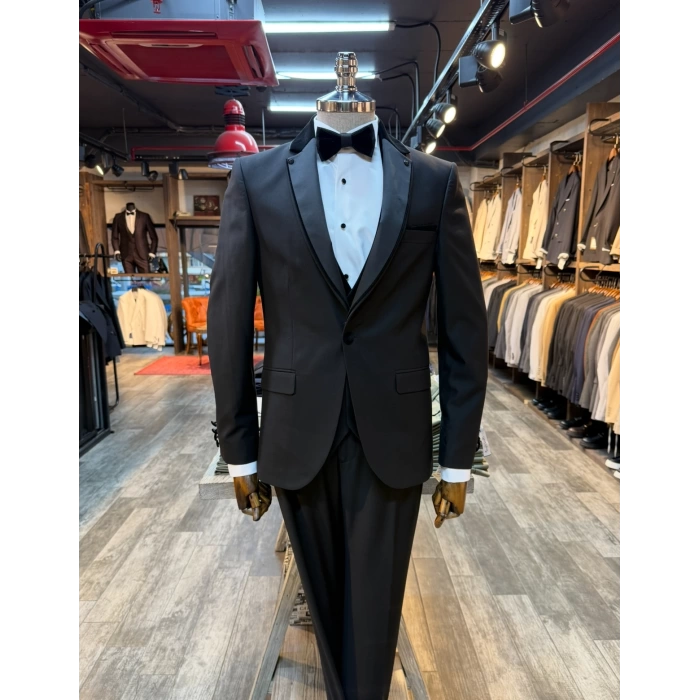 Erkek Dar Kesim Slimfit Yelekli Yakası Çıkabilen Damatlık Takım Elbise-Siyah