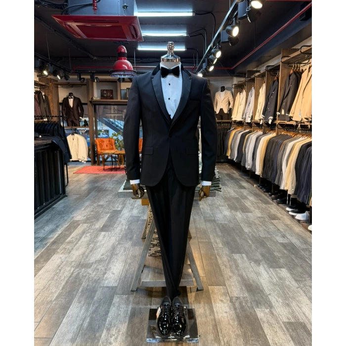 Erkek Dar Kesim Slimfit Yelekli Yakası Çıkabilen Damatlık Takım Elbise-Siyah