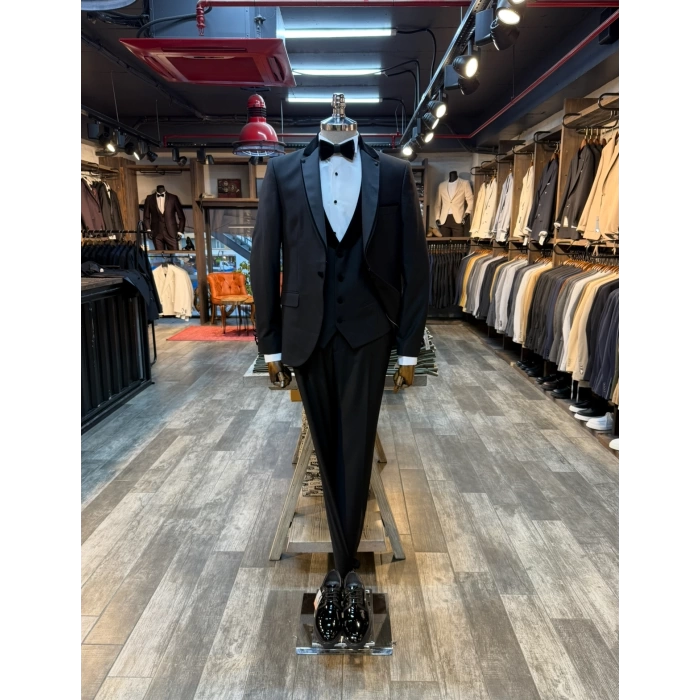 Erkek Dar Kesim Slimfit Yelekli Yakası Çıkabilen Damatlık Takım Elbise-Siyah