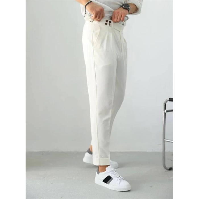 Erkek Dar Kesim Yüksek Bel Pileli Duble Paça Keten Pantolon-Beyaz