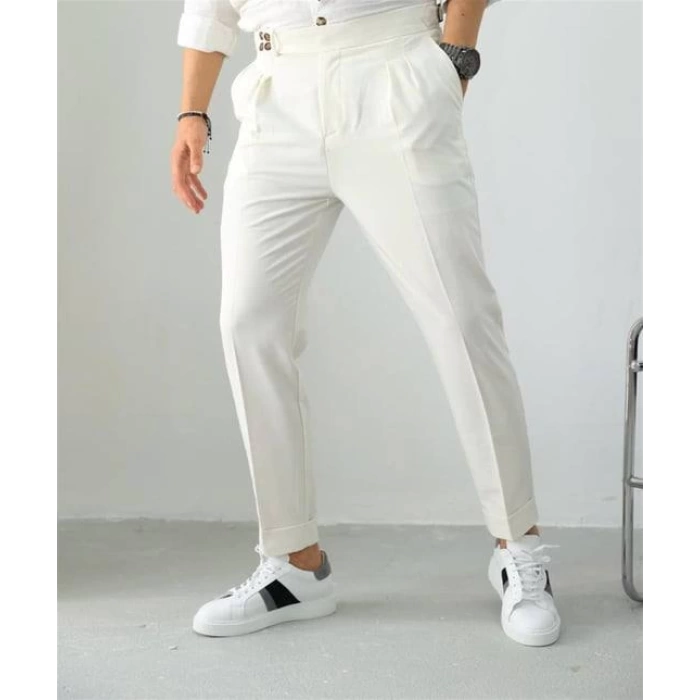 Erkek Dar Kesim Yüksek Bel Pileli Duble Paça Keten Pantolon-Beyaz