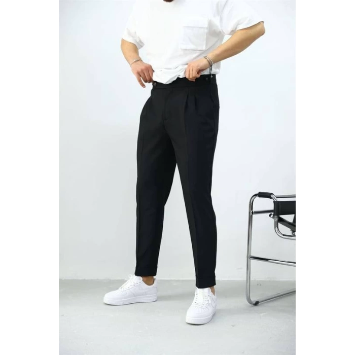 Erkek Dar Kesim Yüksek Bel Pileli Duble Paça Keten Pantolon-Siyah