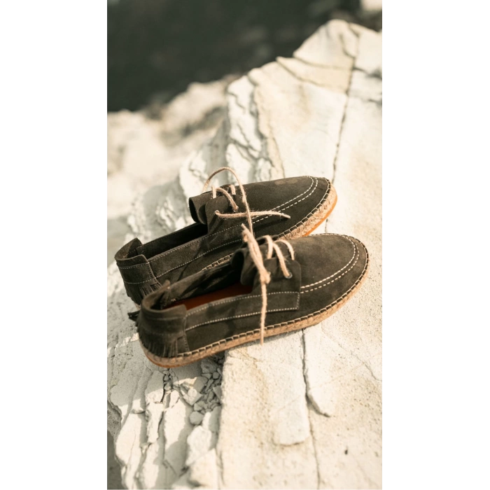 Erkek Deri Bağıcıklı Espadril Ayakabbı -Haki