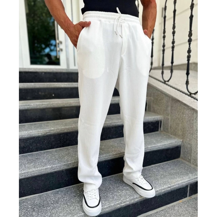Erkek Fitilli Beli Lastikli Likralı Bagy Pantolon-Beyaz