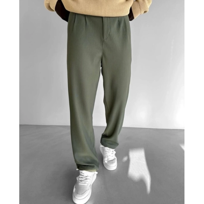 Erkek Fitilli Beli Lastikli Likralı Pileli Bagy Pantolon- Yeşil