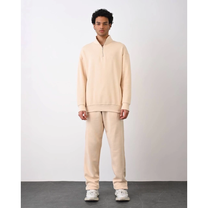 Erkek İçi Şardonlu Yakası Fermuarlı Oversize Sweatshrt -Krem