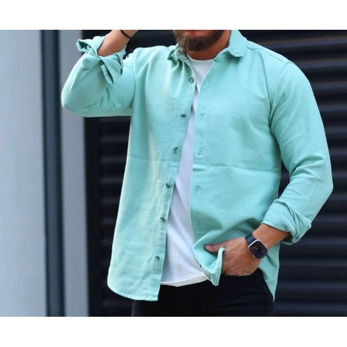 Erkek Normal Kalıp Gabardin Kumaş Gömlek - Su Yeşili