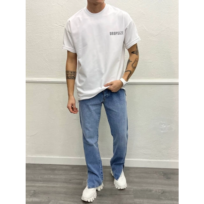 Erkek Normal Kesim Bisiklet Drop Size Yazılı Tişört-Beyaz