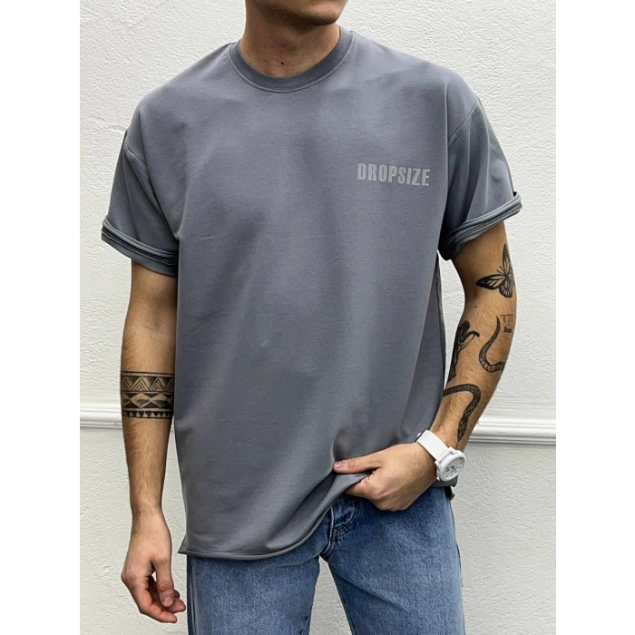 Erkek Normal Kesim Bisiklet Drop Size Yazılı Tişört-Gri
